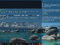 MiPrep session interface with generated technical-answer bullets, transcript entries, audio controls, and a mountain-lake background.