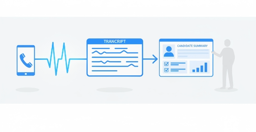 Diagram showing a phone call waveform leading to a panel labeled “TRANSCRIPT,” then an arrow to a “CANDIDATE SUMMARY” card with a chart and checkboxes.