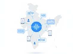 Diagram of India with a central blue audio-wave icon connected to phone and user icons and speech bubbles in several Indian scripts.
