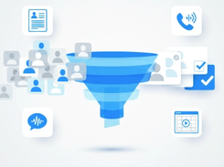 Blue funnel diagram receiving profile cards and surrounded by icons for documents, phone audio, messaging, checklists, and video.