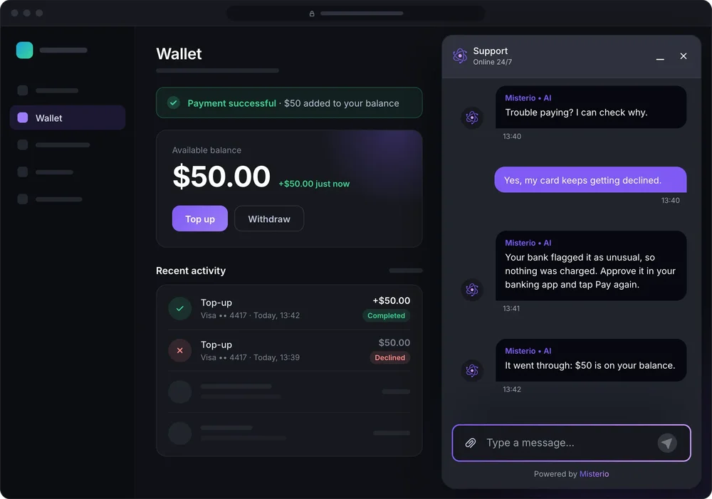 Dark wallet dashboard with a $50 balance, recent top-up activity, and an embedded Misterio AI support chat panel.