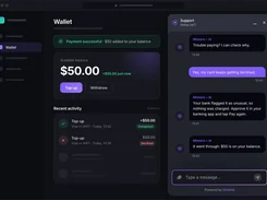 Dark wallet dashboard with a $50 balance, recent top-up activity, and an embedded Misterio AI support chat panel.