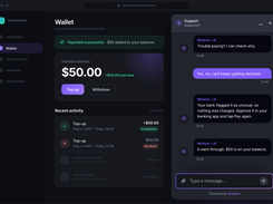 Dark wallet dashboard with a $50 balance, recent top-up activity, and an embedded Misterio AI support chat panel.
