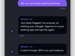 Dark-themed Misterio support chat widget showing an AI conversation about a declined card payment and a $50 balance update.