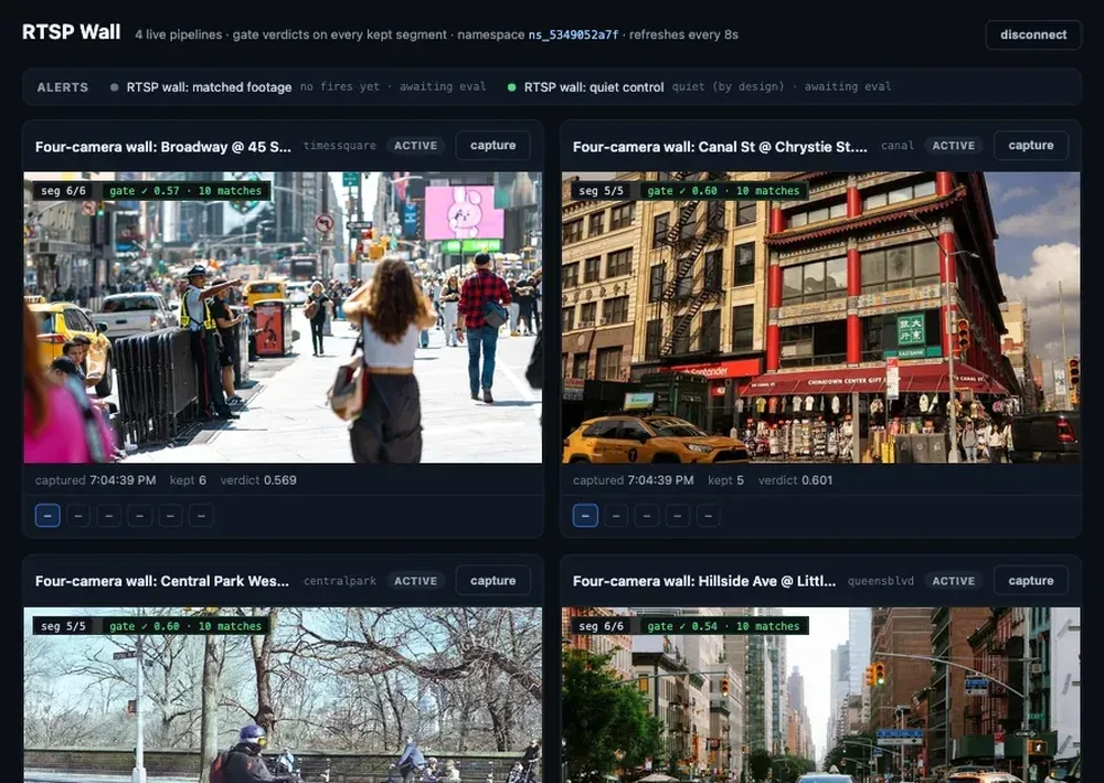 Mixpeek's dark "RTSP Wall" interface displays four live camera-feed panels, alert status, segment and match counts, capture controls, and a disconnect button.