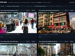 Mixpeek's dark "RTSP Wall" interface displays four live camera-feed panels, alert status, segment and match counts, capture controls, and a disconnect button.