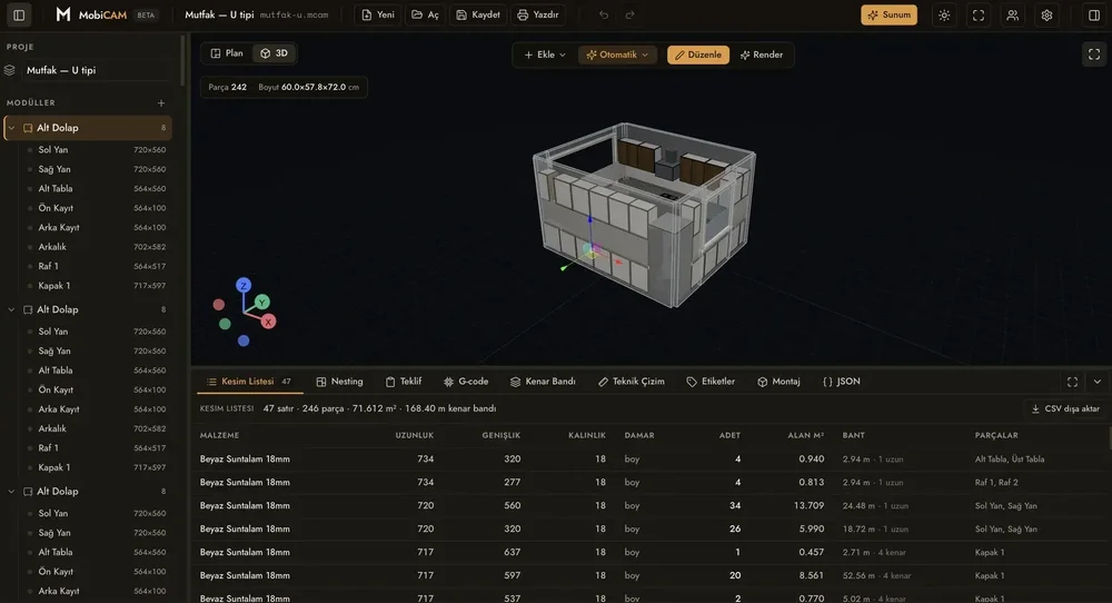 MobiCAM workspace with a 3D kitchen cabinet model and material cut list.