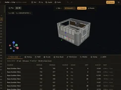 MobiCAM workspace with a 3D kitchen cabinet model and material cut list.