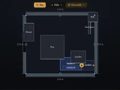 MobiCAM floor-plan editor showing a bathroom layout with dimensions and fixtures.