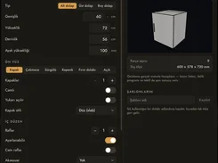 Custom cabinet configuration dialog with dimensions, door options, and a 3D preview.