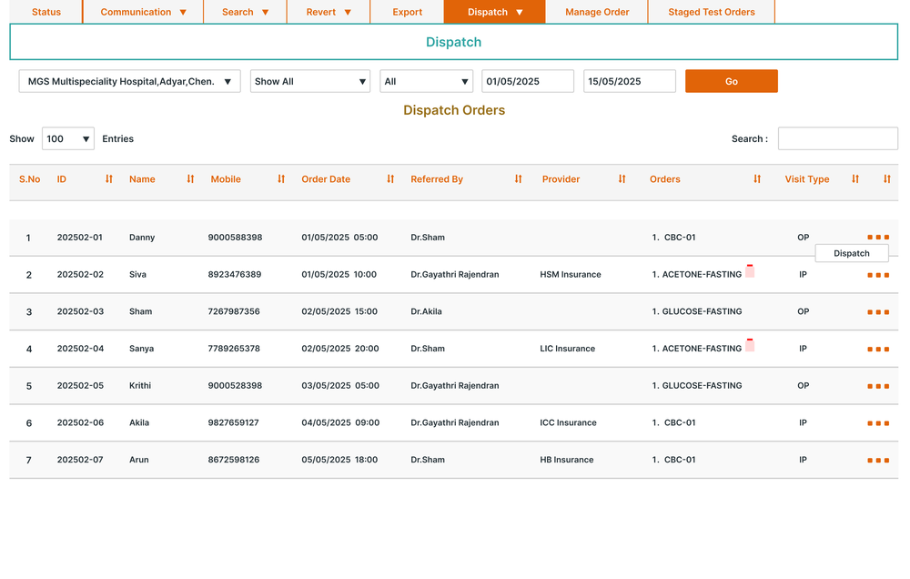 Laboratory Management Software - Dispatch Screen 