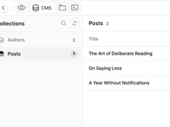 CMS interface listing Authors and three blog post entries.