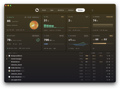 Live CPU, memory, GPU, disk, network, temperature, and fan metrics.