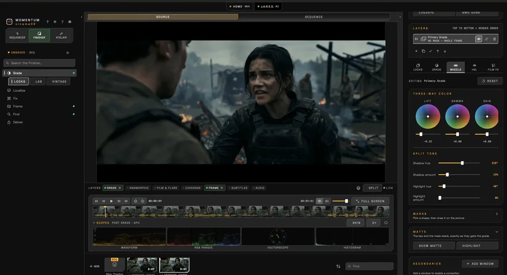 Momentum cinemaOS Finisher color-grading workspace with a video preview, grade layers, color wheels, split-tone controls, scopes, and clip thumbnails.