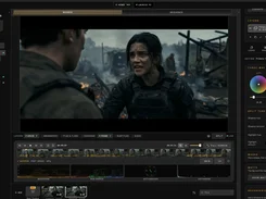 Momentum cinemaOS Finisher color-grading workspace with a video preview, grade layers, color wheels, split-tone controls, scopes, and clip thumbnails.