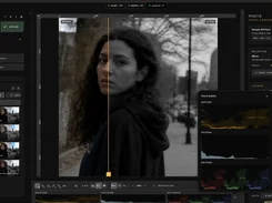 Momentum cinemaOS Atelier photo-editing workspace showing a before-and-after portrait comparison, look presets, photo scopes, and export settings.