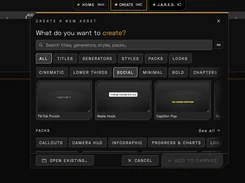 Momentum cinemaOS Create dialog with a search field, filters for titles, generators, styles, packs, and looks, and social title-template tiles.