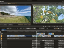 Momentum cinemaOS sequencer interface showing source and program video previews, clip thumbnails, a multitrack timeline, audio tracks, and an inspector panel.