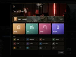 Momentum cinemaOS “I’m building” start menu offering movie, clip, poster, and vertical project options, plus tools for titles, captions, dubbing, sound, grading, restoration, compositing, and stills.