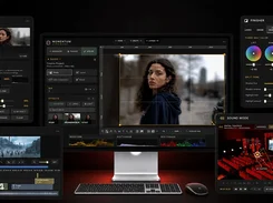 Momentum cinemaOS promotional interface view showing a central video editor with a portrait preview, surrounded by panels for photo editing, color wheels, sequencing, and sound mode.