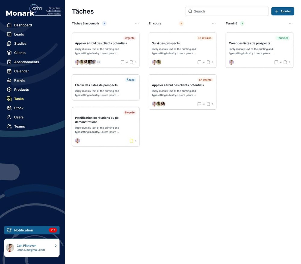 Monark CRM Tasks board with columns for tasks to complete, in progress, and completed, with task cards and status labels.
