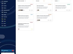 Monark CRM Tasks board with columns for tasks to complete, in progress, and completed, with task cards and status labels.