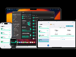 MoneyCoach budgeting interface shown across a Mac laptop, iPad, iPhone, and Apple Watch, with account lists, budget categories, and euro amounts.