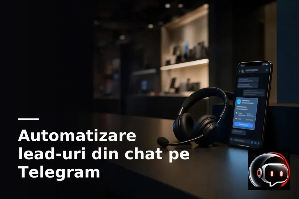 A smartphone on a desk beside a headset displays a dark chat interface with message bubbles and a blue contact card; Romanian text refers to automating leads from Telegram chat.