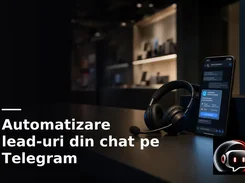 A smartphone on a desk beside a headset displays a dark chat interface with message bubbles and a blue contact card; Romanian text refers to automating leads from Telegram chat.