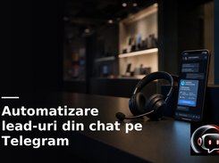 A smartphone on a desk beside a headset displays a dark chat interface with message bubbles and a blue contact card; Romanian text refers to automating leads from Telegram chat.
