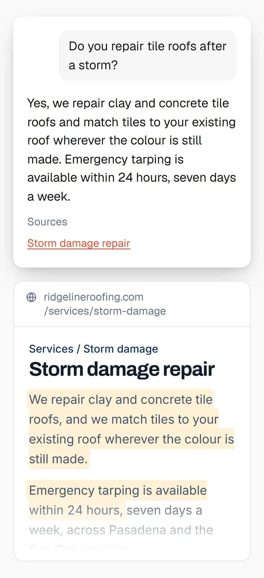 Mobile-style view showing a roofing question, AI response with a cited source, and highlighted matching text on a website page.