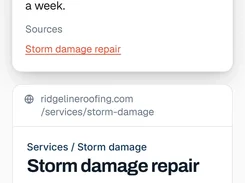 Mobile-style view showing a roofing question, AI response with a cited source, and highlighted matching text on a website page.