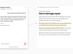 MooseChat widget at left is connected by a dotted line to highlighted source text on a roofing service webpage at right.