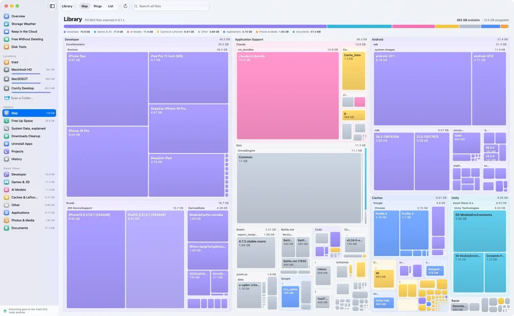 MoreRoom Library view showing a color-coded treemap of disk usage categories, folders, and large files across a Mac drive.