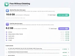 MoreRoom Free Without Deleting page showing potential savings from identical-file sharing and compression of cold files, plus a list of large duplicate groups.