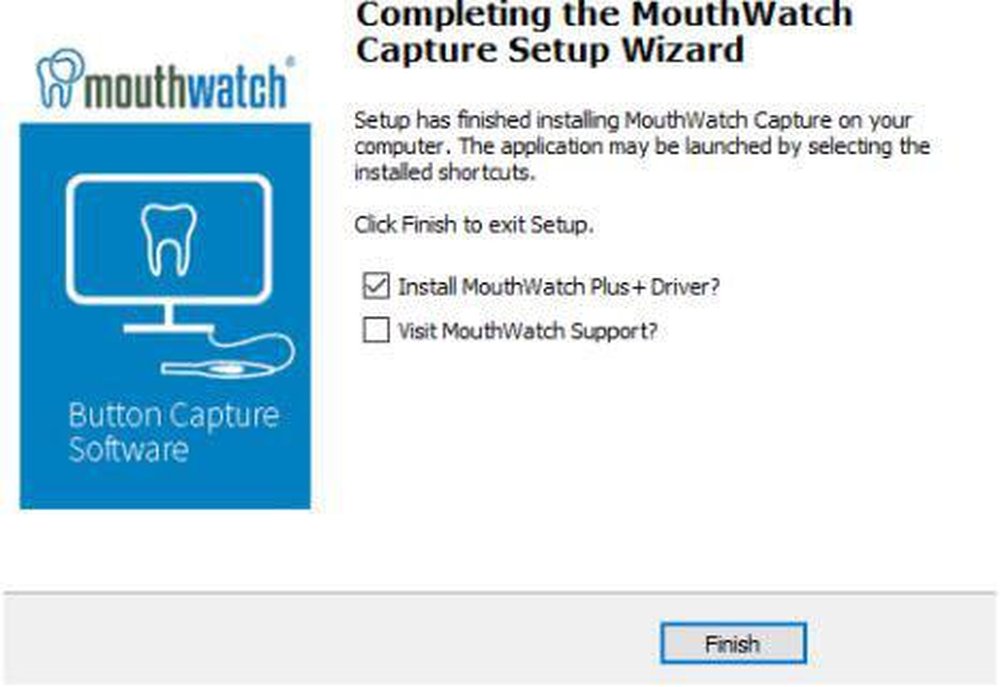 MouthWatch Button Capture Software setup wizard completion screen with installation options and a Finish button.