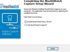 MouthWatch Button Capture Software setup wizard completion screen with installation options and a Finish button.
