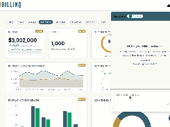 MultiBilling analytics dashboard with an open billing assistant chat panel.