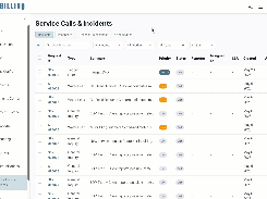 MultiBilling Service Calls & Incidents page listing service requests, types, priorities, statuses, and created dates.
