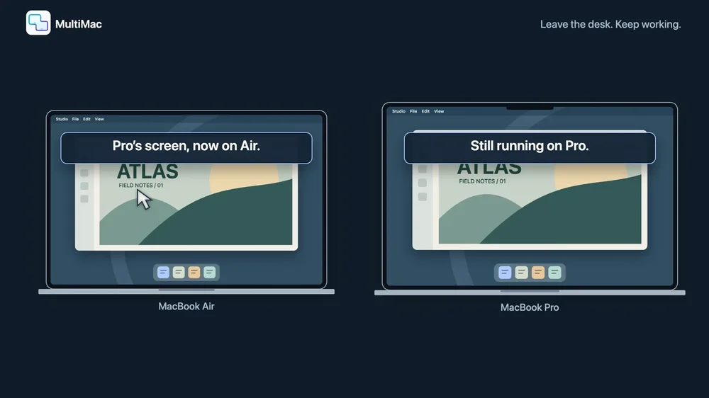 Two illustrated MacBook displays labeled MacBook Air and MacBook Pro show the same Atlas window, with callouts "Pro’s screen, now on Air" and "Still running on Pro."