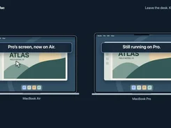 Two illustrated MacBook displays labeled MacBook Air and MacBook Pro show the same Atlas window, with callouts "Pro’s screen, now on Air" and "Still running on Pro."