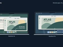 Two illustrated MacBooks labeled MacBook Air and MacBook Pro show an Atlas application window on each, with callouts about a remote app having its own Dock icon and running on Pro while used on Air.