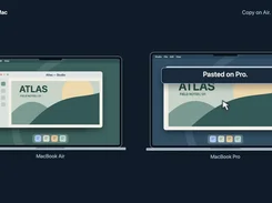 Two illustrated MacBooks labeled MacBook Air and MacBook Pro show an Atlas window, with the heading "Copy on Air. Paste on Pro." and a "Pasted on Pro" callout.