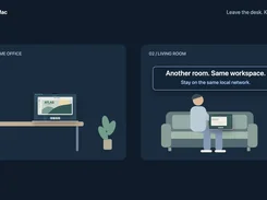 MultiMac-branded illustration showing a laptop at a home-office desk and a person using a laptop on a living-room sofa, with text about staying on the same local network.