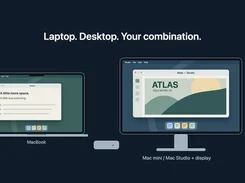 Illustration headed "Laptop. Desktop. Your combination." showing a MacBook and a Mac mini or Mac Studio with display, each displaying a different application window.