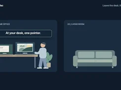 MultiMac-branded illustration of a home-office desk with two laptops and a person, alongside an empty living-room panel labeled "02 / LIVING ROOM."