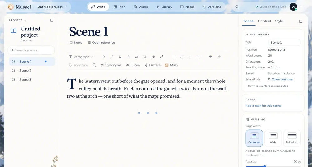 Musael writing editor showing a scene manuscript, scene list, formatting tools, and scene details.