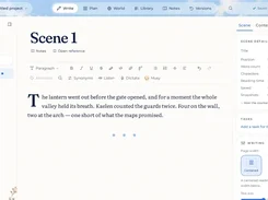 Musael writing editor showing a scene manuscript, scene list, formatting tools, and scene details.