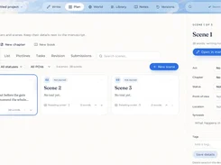 Musael planning board with scene cards and editable act, chapter, status, and point-of-view fields.