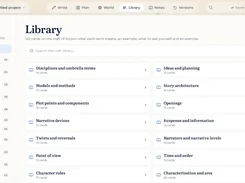 Musael craft library showing searchable fiction-writing topic cards.